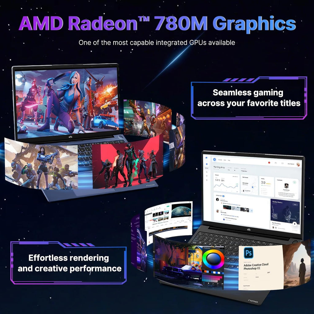 NIMO 17.3 Gaming-Laptop Ryzen 9 8945HS (Beat i9-13900H, Up to 5.2GHz) 16GB RAM, 1TB SSD, Radeon 780M, PD 100W Type-C AI-Enhanced for Copilot VR Ready, 75W Battery, Backlit Keyboard, Fingerprint