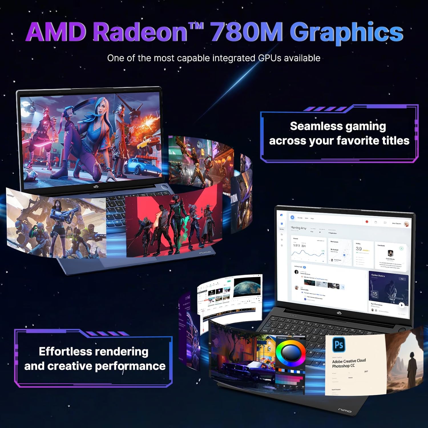 NIMO 17.3 Gaming-Laptop Ryzen 9 8945HS (Beat i9-13900H, Up to 5.2GHz) 16GB RAM, 1TB SSD, Radeon 780M, PD 100W Type-C AI-Enhanced for Copilot VR Ready, 75W Battery, Backlit Keyboard, Fingerprint