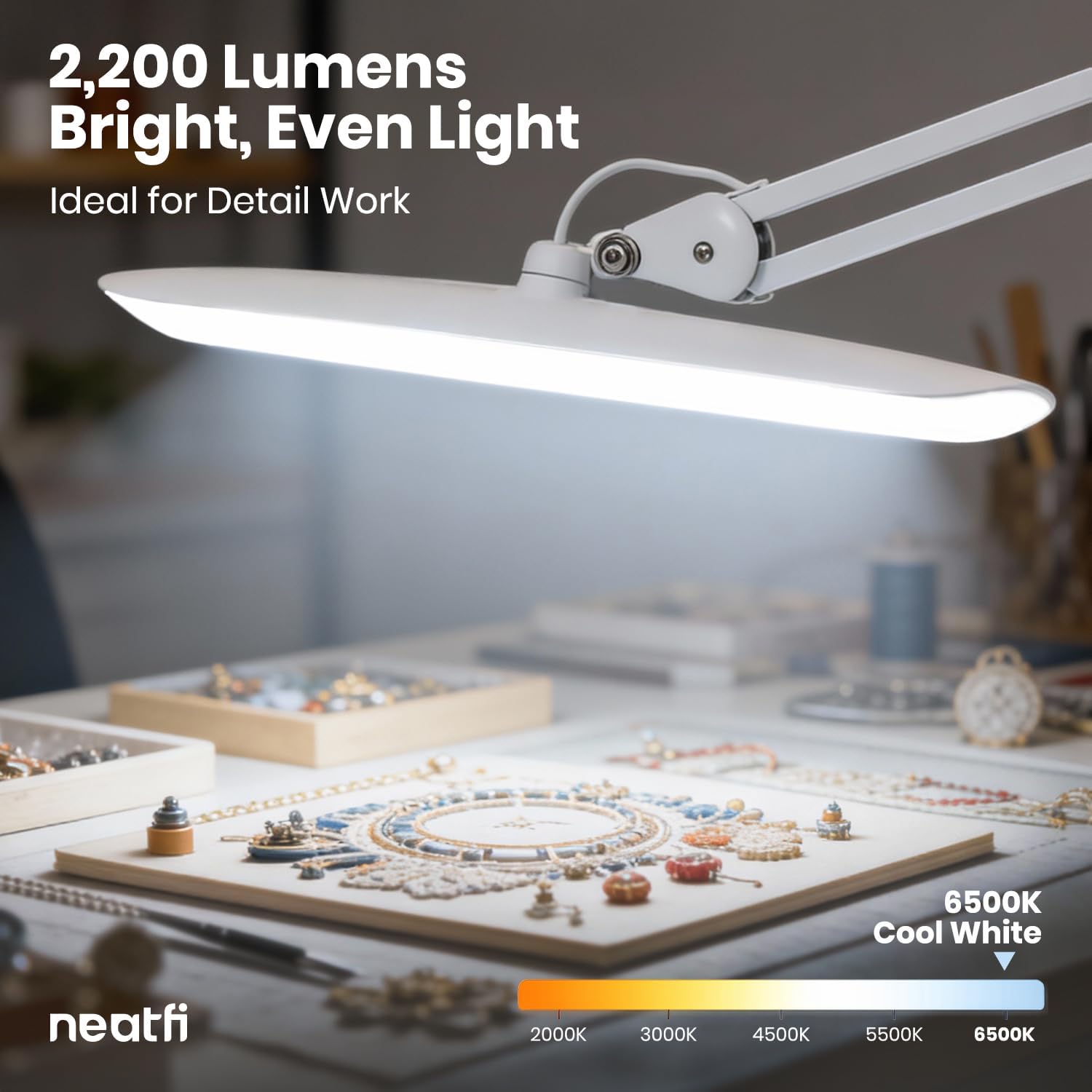 Neatfi XL 2200 Lumens 24W LED Desk Lamp – Shadow-Free Task Lighting | 4-Level Dimming | Home Office & Crafts Use | 20-Inch Wide Head (White, Non-CCT with Clamp)
