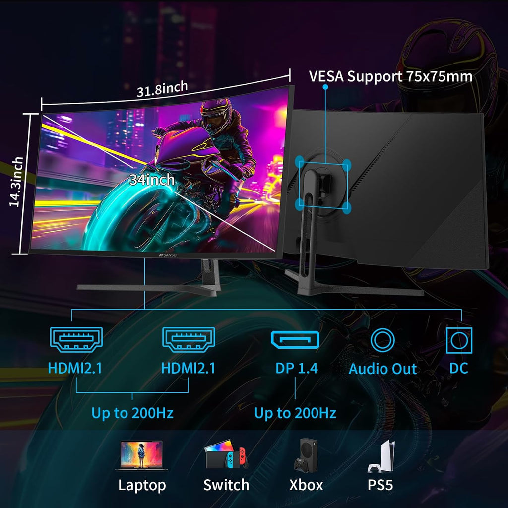 SANSUI 34-Inch Curved Gaming Monitor UWQHD 3440 x 1440P Up to 200Hz 165Hz Curved 1500R - PIP/PBP, OD 1ms, HDR, 300nits, sRGB 130%, DCI-P3 97%,AI Crosshair,HDMI2.1x2,DP1.4(Cable Included)