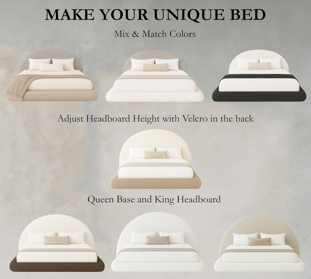 Round Bed – Washable Cover - Soft Upholstered Linen - Minimalist Modern - Half Circle Moon - Sold Separately (Gray Linen, King Headboard)