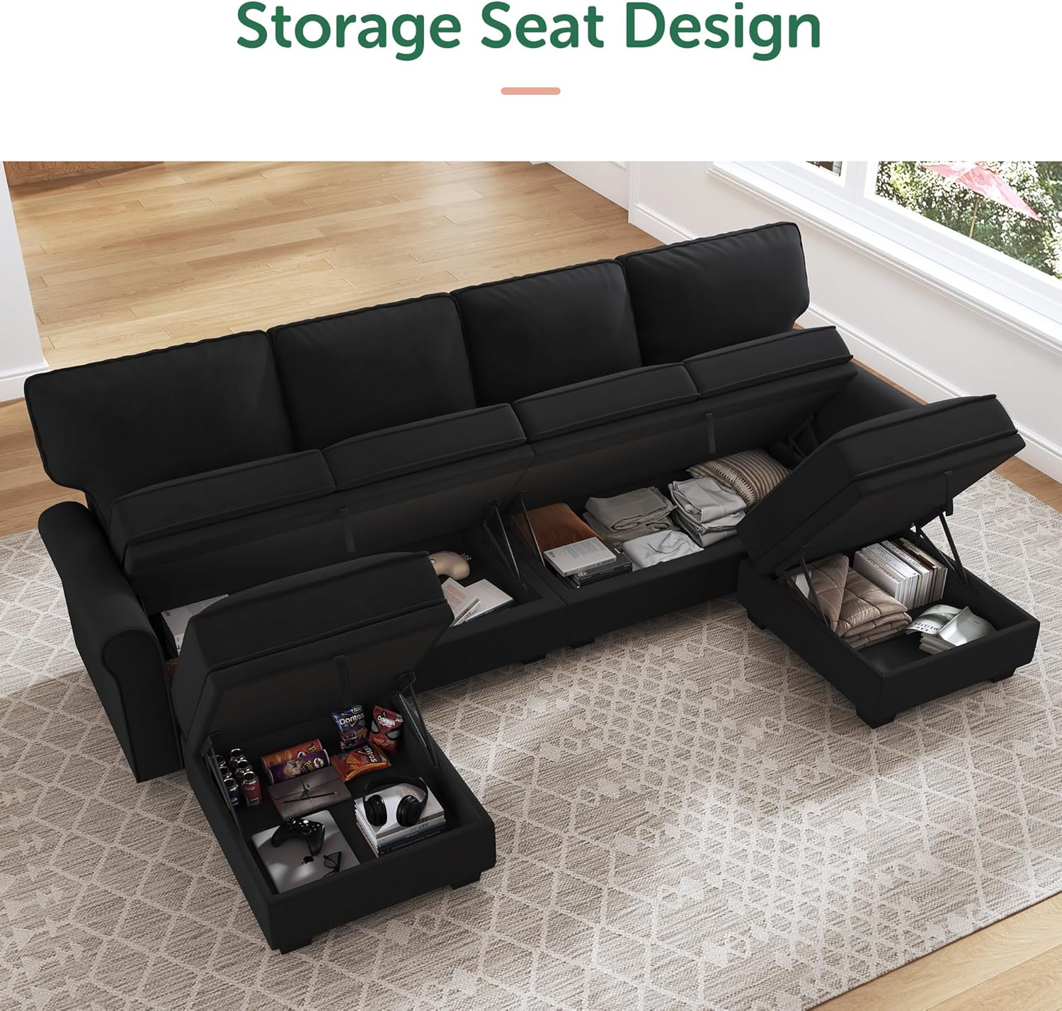 HONBAY Sectional Sofa with Storage Seat Velvet U Shaped Couch with Reversible Chaise Convertible Sectional Couches for Living Room,Black Velvet