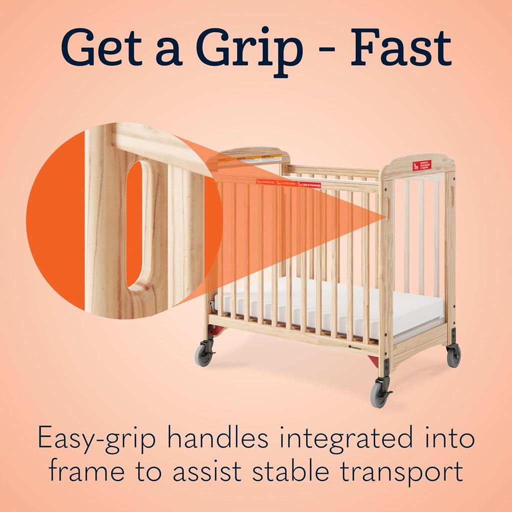 Foundations First Responder Evacuation Fixed-Side Daycare Crib, Features Clearview Panels, Includes Evacuation Frame, 4" Casters, and 3-inch Ultradurable Foam Mattress, Natural