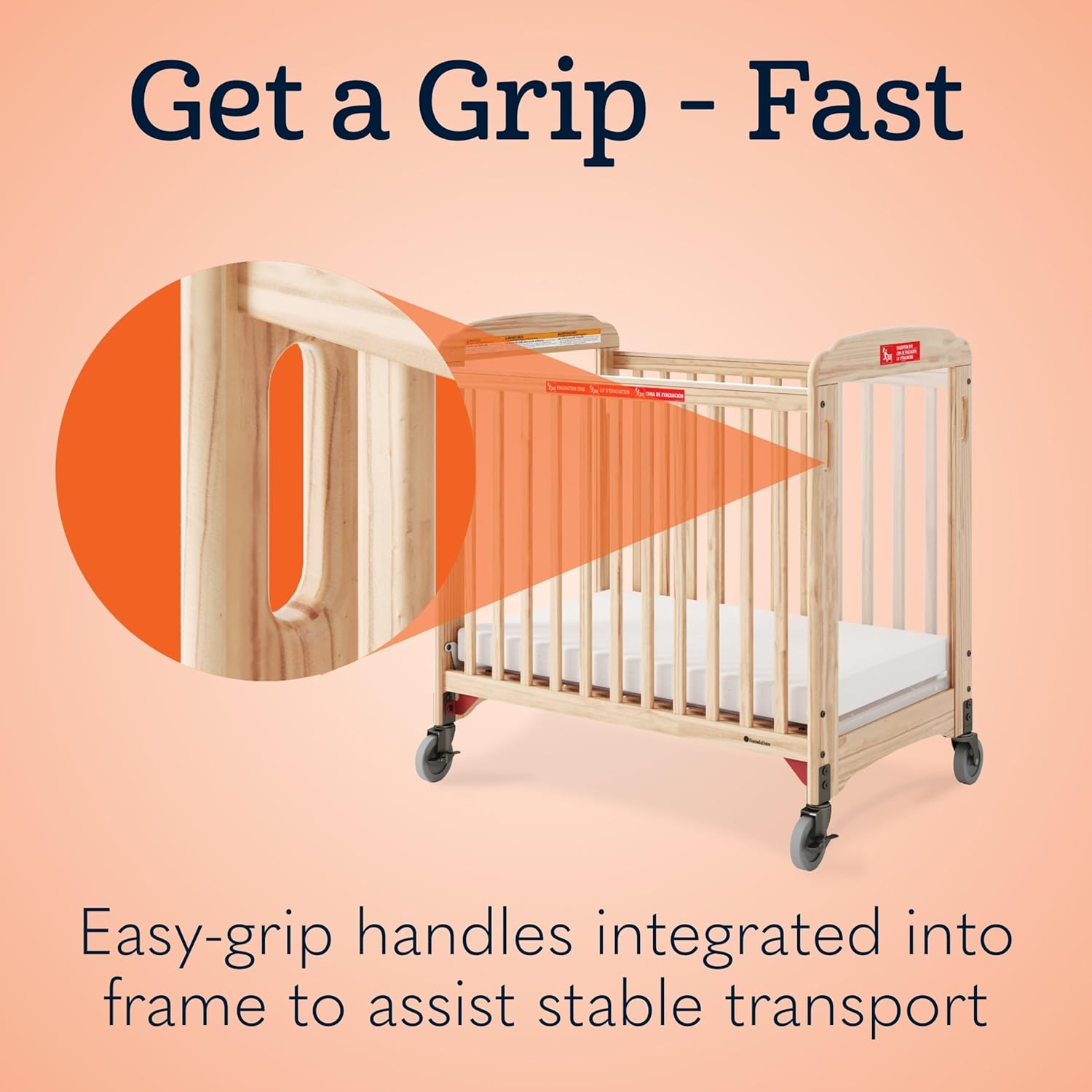 Foundations First Responder Evacuation Fixed-Side Daycare Crib, Features Clearview Panels, Includes Evacuation Frame, 4" Casters, and 3-inch Ultradurable Foam Mattress, Natural