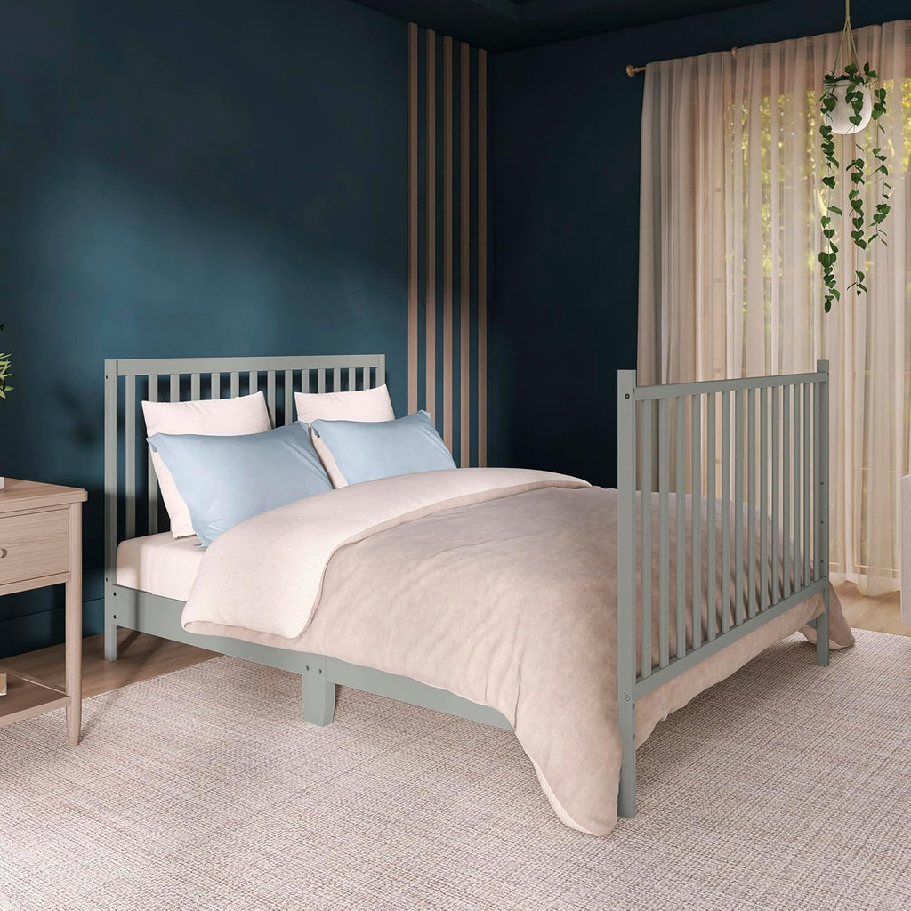 Dream On Me Synergy 5-in-1 Convertible Full-Size Baby Crib with Toddler, Day & Full Bed Conversion in Cool Grey, GreenGuard Gold & BSA, 3 Mattress Heights, Sustainable Pinewood