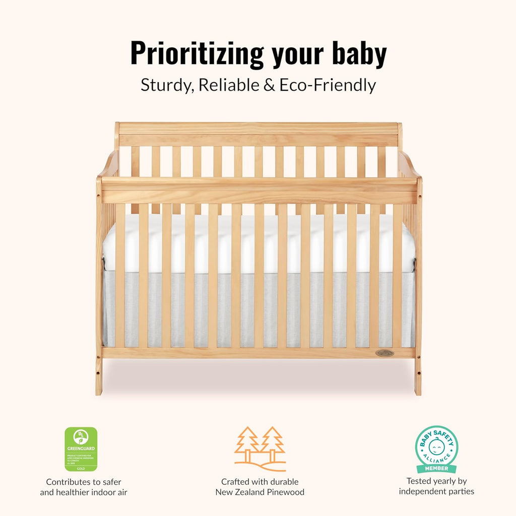 Dream On Me Ashton 4-In-1 Convertible Crib In Natural, Greenguard Gold, JPMA Certified, Non-Toxic Finishes, Features 4 Mattress Height Settings, Made Of Solid Pinewood