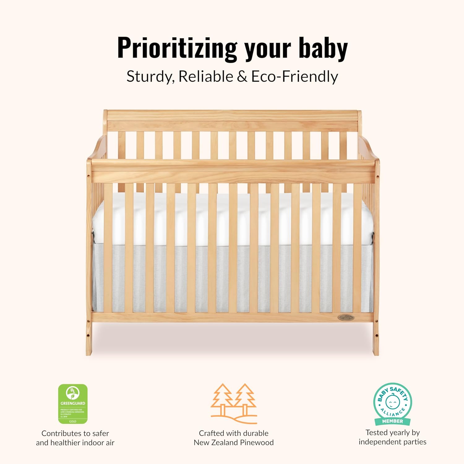 Dream On Me Ashton 4-In-1 Convertible Crib In Natural, Greenguard Gold, JPMA Certified, Non-Toxic Finishes, Features 4 Mattress Height Settings, Made Of Solid Pinewood