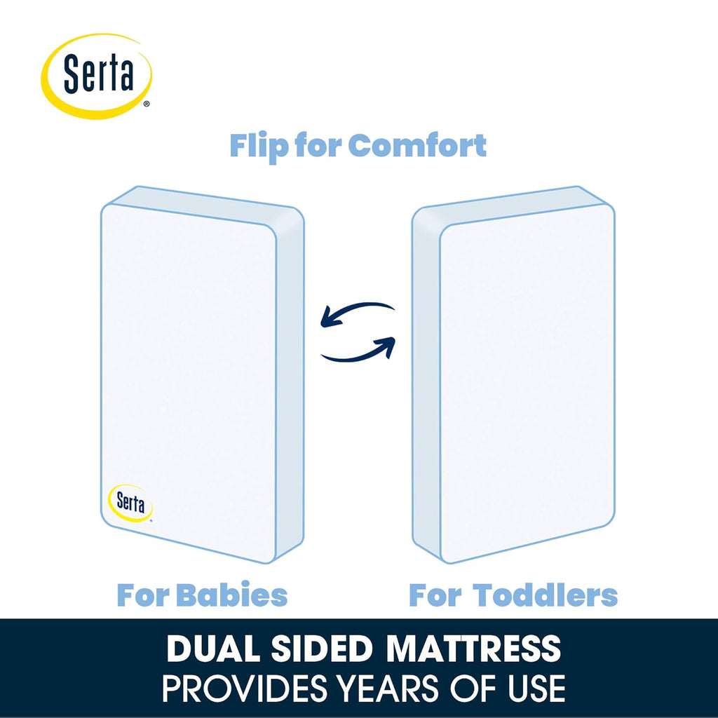 Serta Tranquility Eco Firm 2-Stage Baby Crib and Toddler Mattress - Waterproof Standard Baby Crib & Toddler Mattress - GREENGUARD Gold Certified- 52" L X 27.5" W (50 Year Warranty)