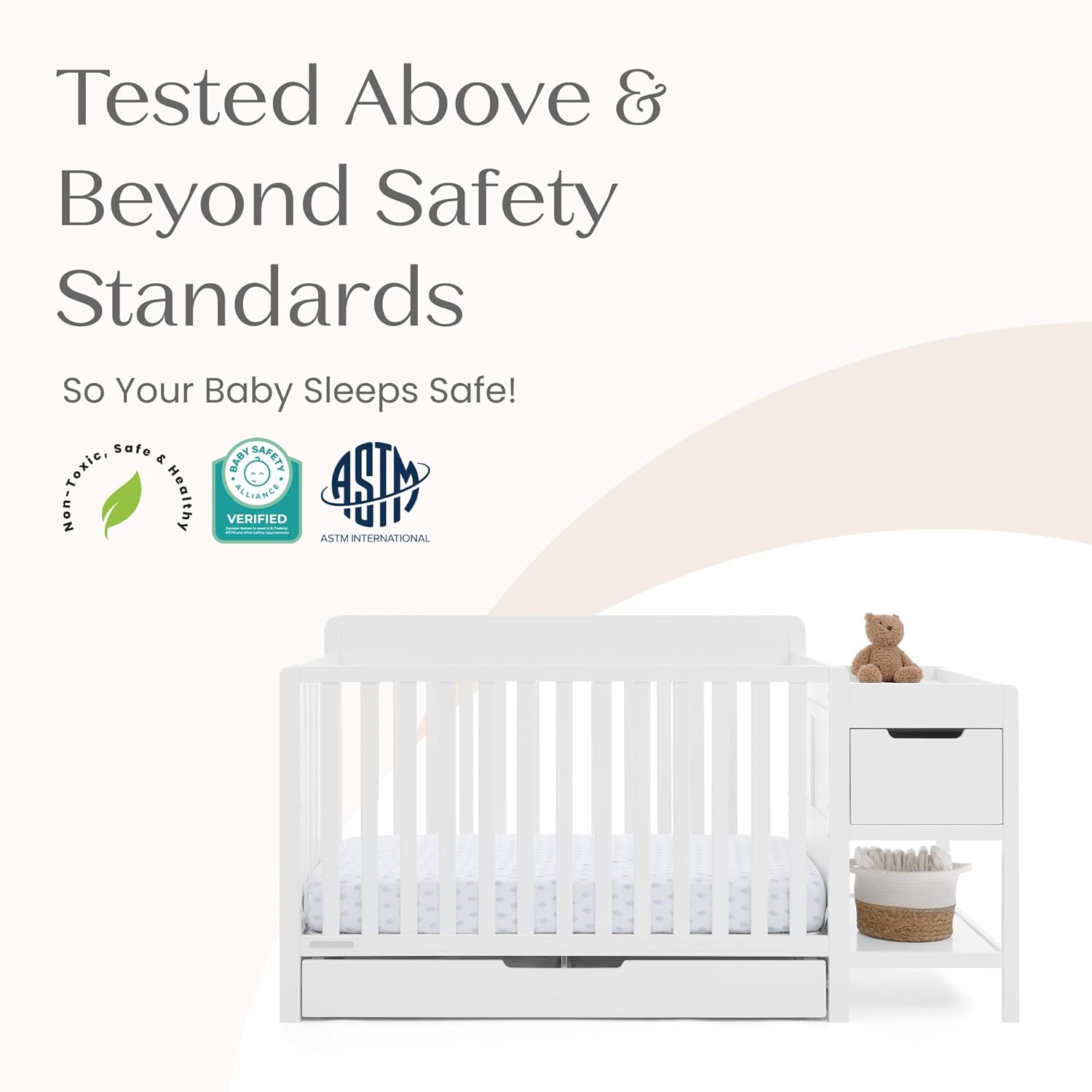 Delta Children Maya 5-in-1 Convertible Crib and Changer with Storage, Converts to Toddler Bed, Daybed, Sofa & Full Bed, Fits Standard Crib Mattress, 3 Mattress Heights for Baby Nursery, Bianca White