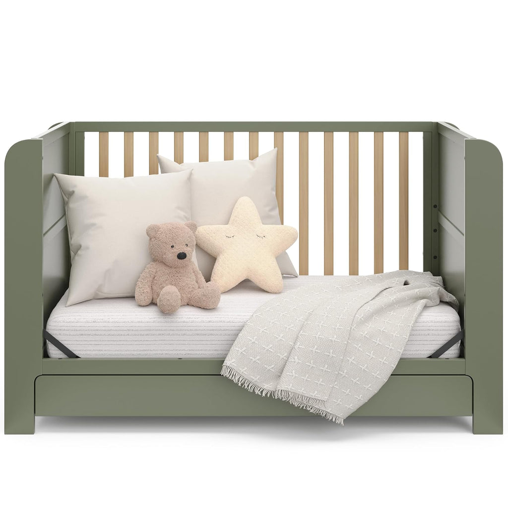 Graco Read-with-Me 4-in-1 Convertible Crib with Drawer - GREENGUARD Gold Certified Converts to Toddler Bed, Daybed, and Functional Bookshelves (Olive and Driftwood)