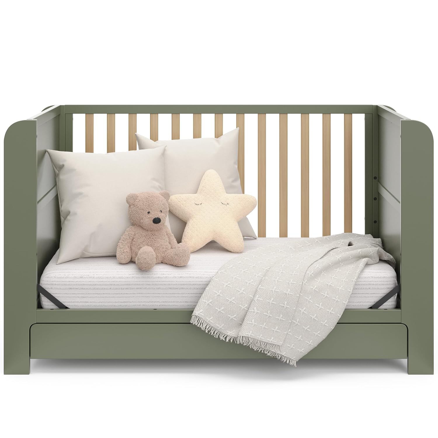 Graco Read-with-Me 4-in-1 Convertible Crib with Drawer - GREENGUARD Gold Certified Converts to Toddler Bed, Daybed, and Functional Bookshelves (Olive and Driftwood)