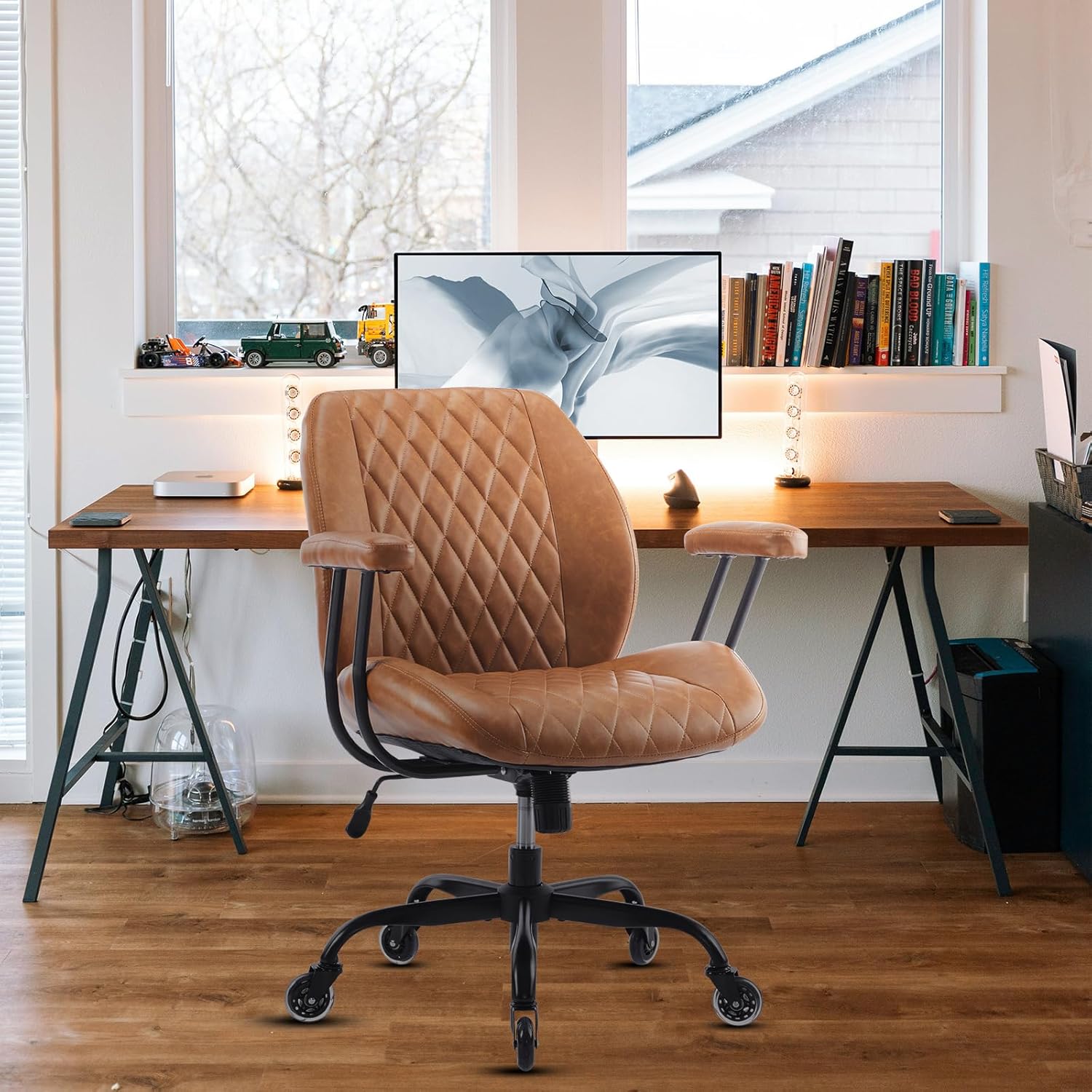YFO Home Office Desk Chair Office Rubber Casters Ergonomic Computer Chair with Lumbar Support Adjustable Height Rolling Swivel Executive Task Armrests Chair . Brown Leather