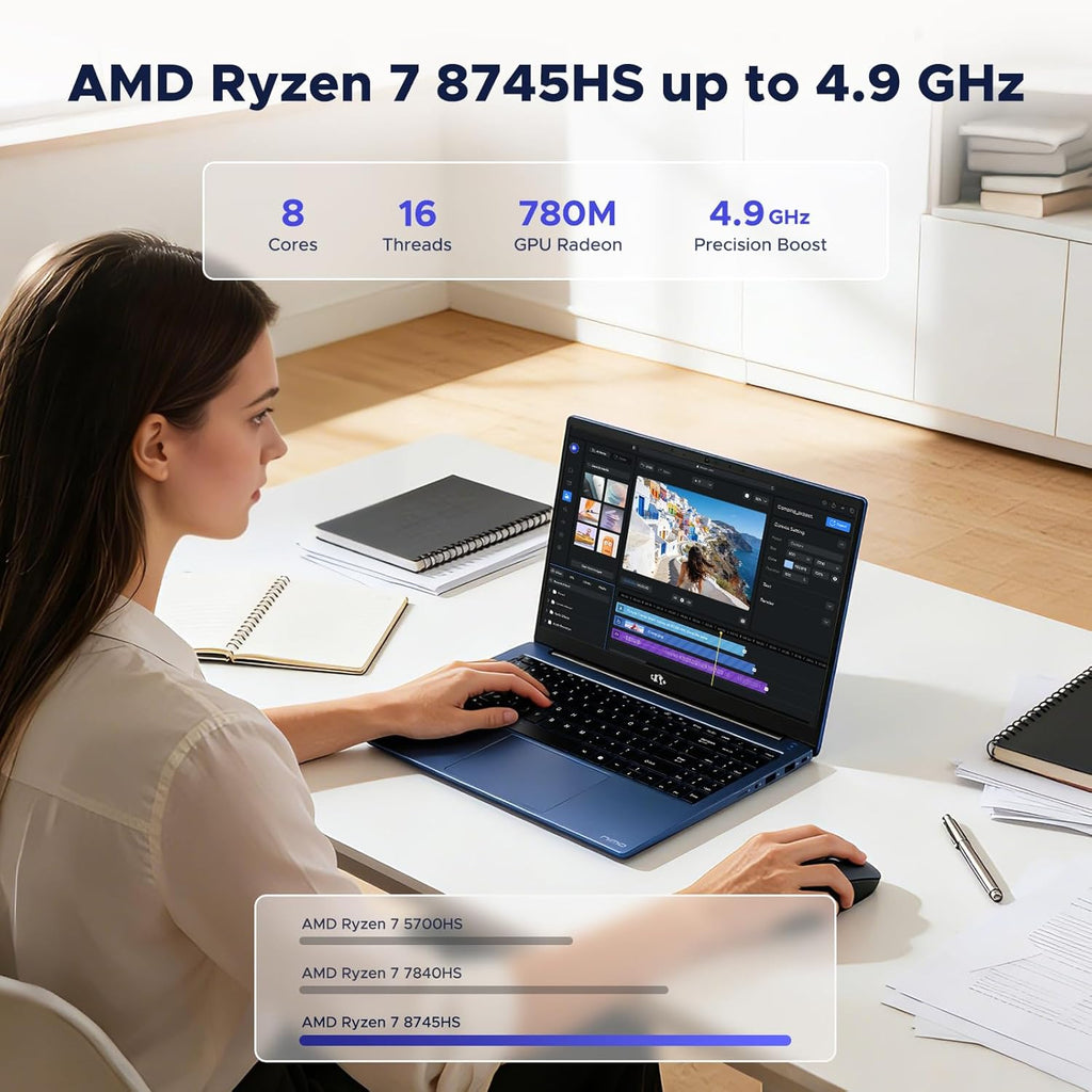 NIMO 15.6" FHD-Business-Laptop, 8 Cores AMD Ryzen 7 8745HS 32GB RAM 1TB SSD (Up to 4.9GHz, Beat R9 7940HS), Radeon-780M, 100W Fast PD for Creators & Professionals Work/Gaming, 2-Year Warranty
