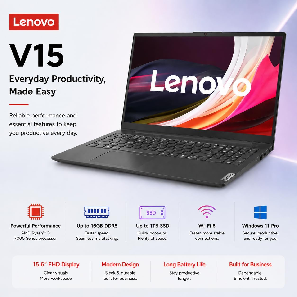 Lenovo V15 Business Laptop 2026 Edition, AMD Ryzen 3 7000-Series(Beat i7-1065G7), 15.6" FHD Display, 16GB DDR5 RAM, 512GB NVMe SSD, Wi-Fi 6, Ethernet RJ-45, Dolby Audio, Windows 11 Pro