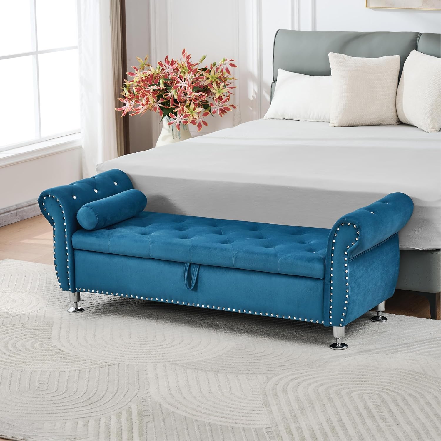 62.2-Inch Soft Velvet Storage Ottoman with Crystal Accents & Cushion, Ideal for Home Decor (Blue)