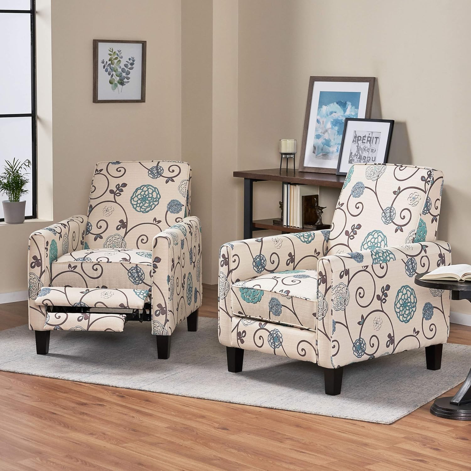 Christopher Knight Home Emmie Fabric Recliner (Set of 2), Light Beige with Blue Floral, Dark Brown