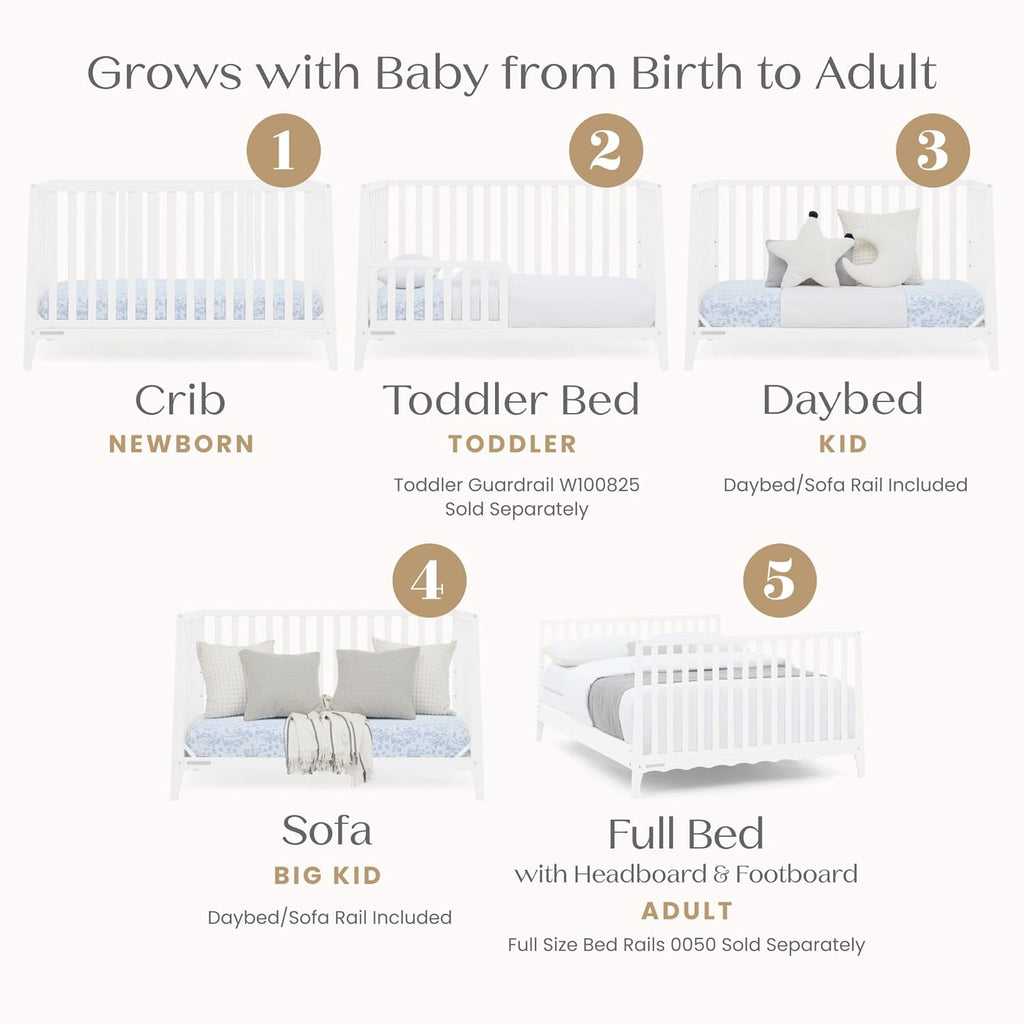Delta Children Lulu 5-in-1 Convertible Crib, Converts to Toddler Bed, Daybed, Sofa & Full-Size Bed, Natural Wood, Fits Standard Crib Mattress, 3 Mattress Heights for Baby Nursery, Bianca White