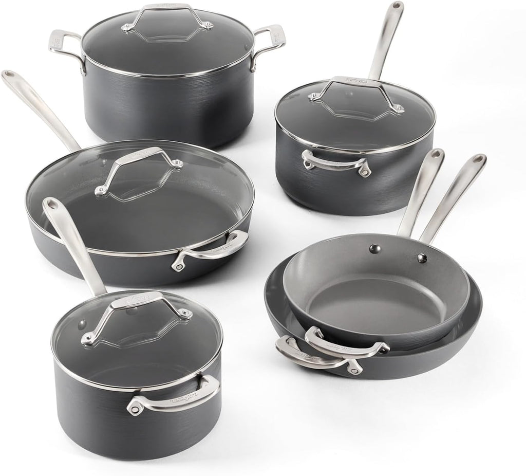 All-Clad HA1® Ceramic Nonstick, 10 Piece Cookware Set - Oven Safe up to 450° & Compatible with All Stovetops (Gas, Electric & Induction), Light Grey