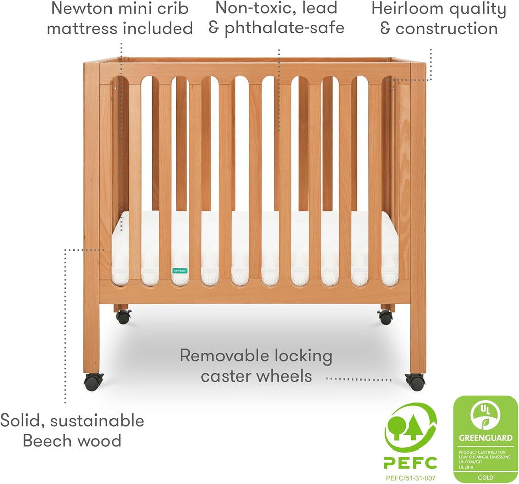 Newton Baby Galileo Mini Crib Solid Beech Wood with Wheels in Chestnut Color, Mini Crib Mattress Included, Adjustable Mattress Height, Ultra-Safe Non-Toxic Finish