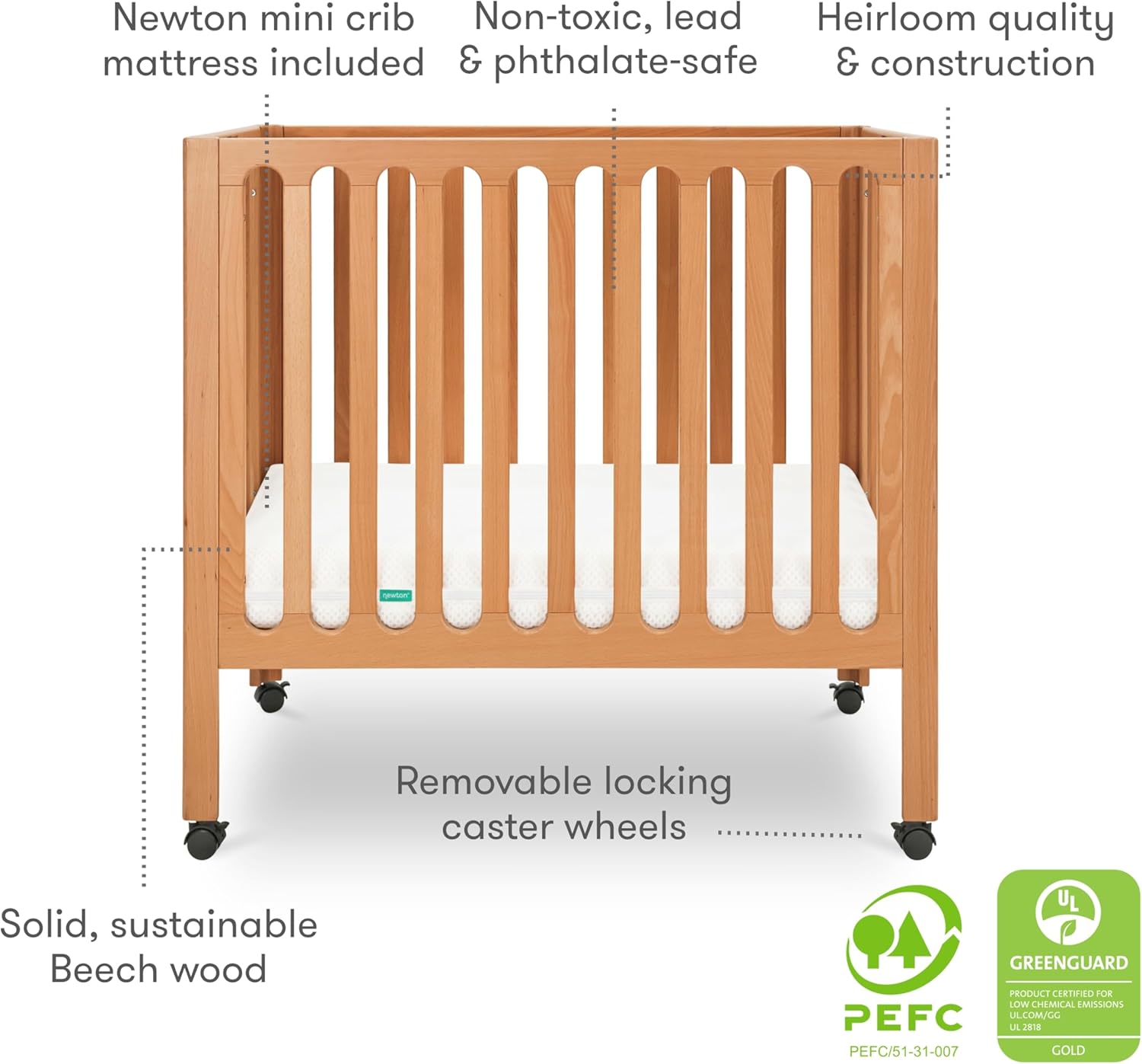 Newton Baby Galileo Mini Crib Solid Beech Wood with Wheels in Chestnut Color, Mini Crib Mattress Included, Adjustable Mattress Height, Ultra-Safe Non-Toxic Finish