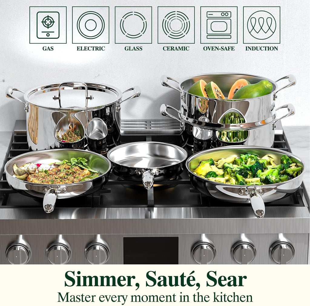 Umite Chef 17Pcs 5 Ply Clad Stainless Steel Cookware Set with Lids, Heavy Duty Pots and Pans Kitchen Set, Induction-Ready, Dual Aluminum Core for Even Heat, Cool Grip Handles, Dishwasher Safe