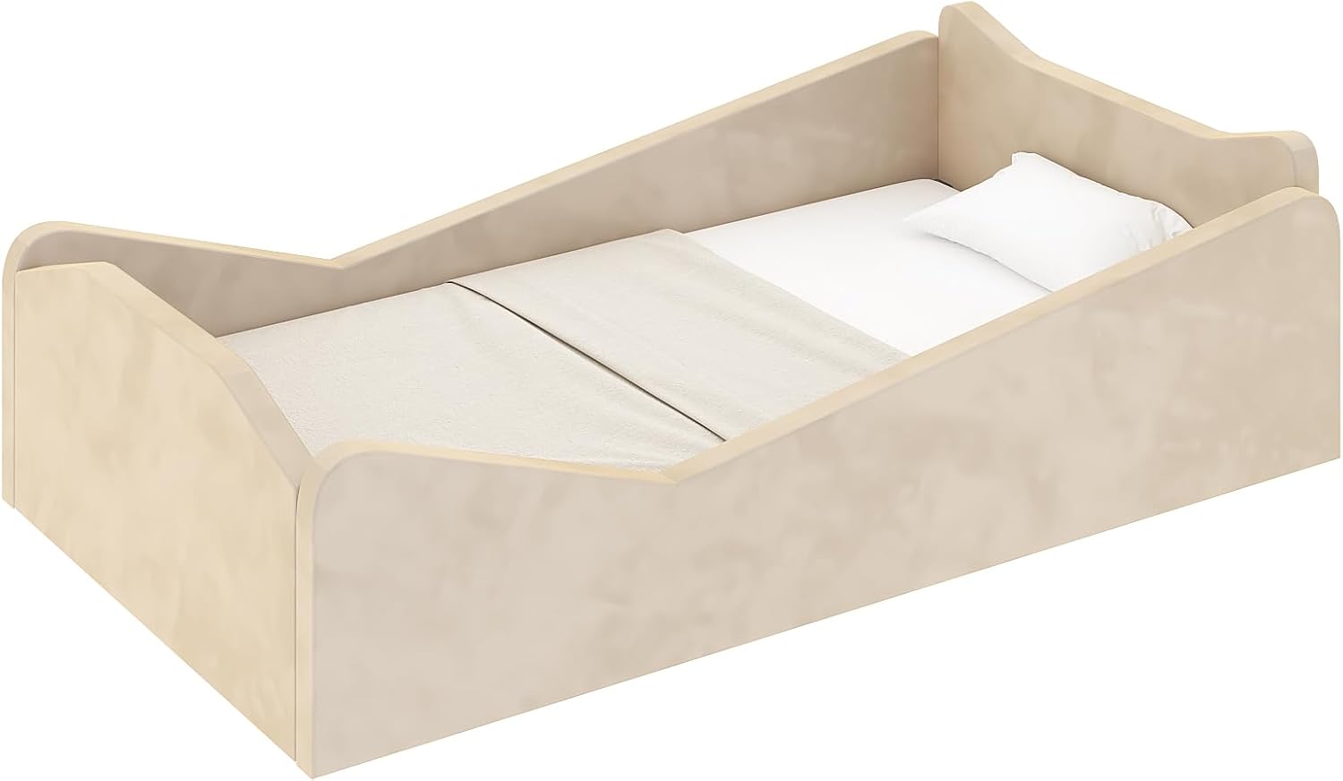 JOYMOR Toddler Bed, Floor Bed with Safety Guadrail, Montessori Toddler Bed with Animal Ear Shapes, Soft Velvet Wood Bed for Infant, Kids, Mattress not Included (Beige)