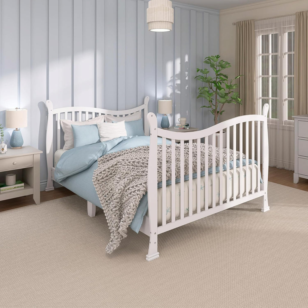 Dream On Me Violet 7-in-1 Convertible Full-Size Baby Crib with Toddler, Day & Full Bed Conversion in White, GreenGuard Gold & BSA, 3 Mattress Heights, Sustainable Pinewoo