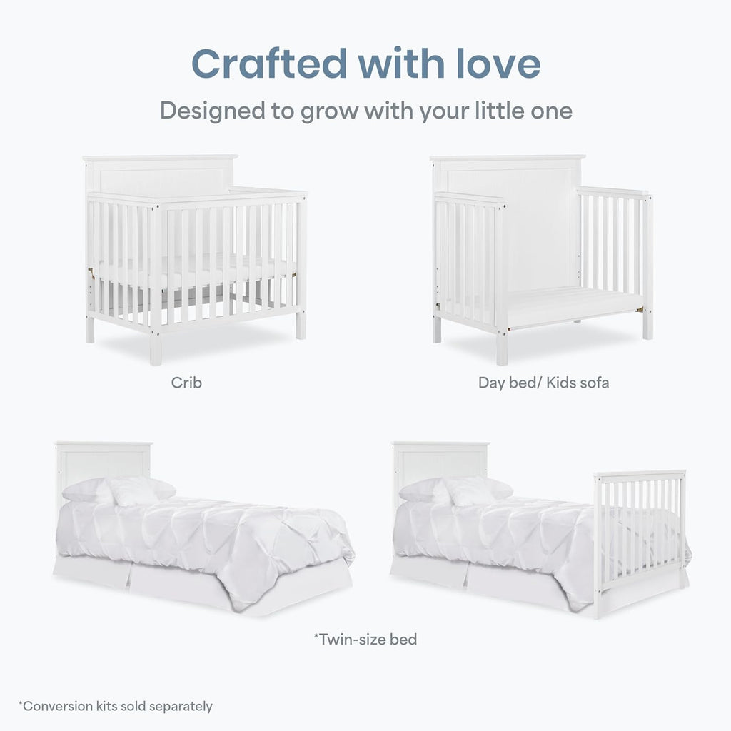 Dream On Me Ava 4-in-1 Mini Baby Crib with Daybed & Twin Bed Conversion in White, GreenGuard Gold & BSA, Non-Toxic Finish, 3-Position Adjustable Height, Includes 1″ Mattress Pad