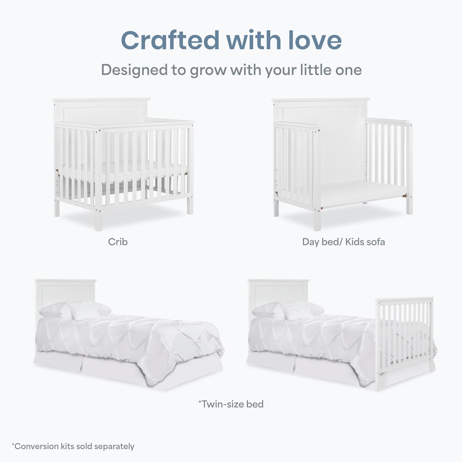 Dream On Me Ava 4-in-1 Mini Baby Crib with Daybed & Twin Bed Conversion in White, GreenGuard Gold & BSA, Non-Toxic Finish, 3-Position Adjustable Height, Includes 1″ Mattress Pad