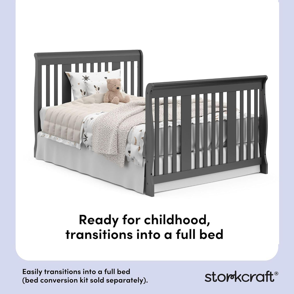 Storkcraft Portofino 5-in-1 Convertible Crib and Changer – Crib and Changing Table Combo with Drawer, Converts to Toddler Bed, Daybed and Full-Size Bed, Storage Drawer (Gray)