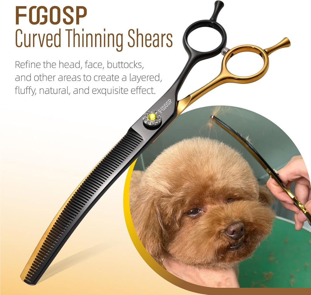 45°Curved Dog Grooming Scissors Curved Thinning Shears Curved Chunkers Dog Shears 3Pcs Combo (Black Gold)