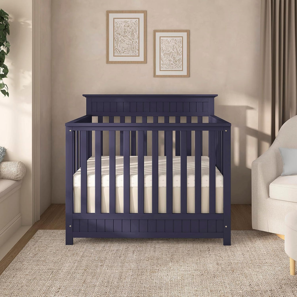 Dream On Me Harbor 4‑in‑1 Convertible Mini Baby Crib in Navy, GreenGuard Gold & BSA, Non-Toxic, Pinewood, Converts to Mini Daybed & Twin Bed, 1″ Mattress Pad, Perfect for Small Nurseries