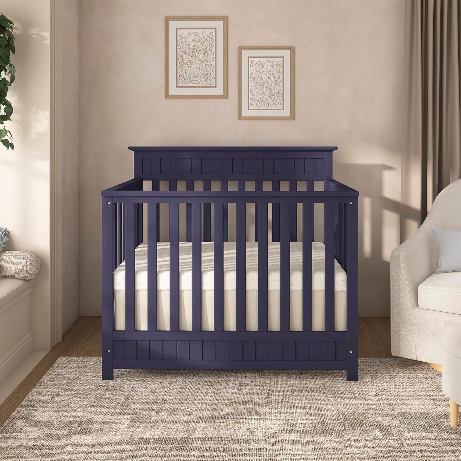 Dream On Me Harbor 4‑in‑1 Convertible Mini Baby Crib in Navy, GreenGuard Gold & BSA, Non-Toxic, Pinewood, Converts to Mini Daybed & Twin Bed, 1″ Mattress Pad, Perfect for Small Nurseries