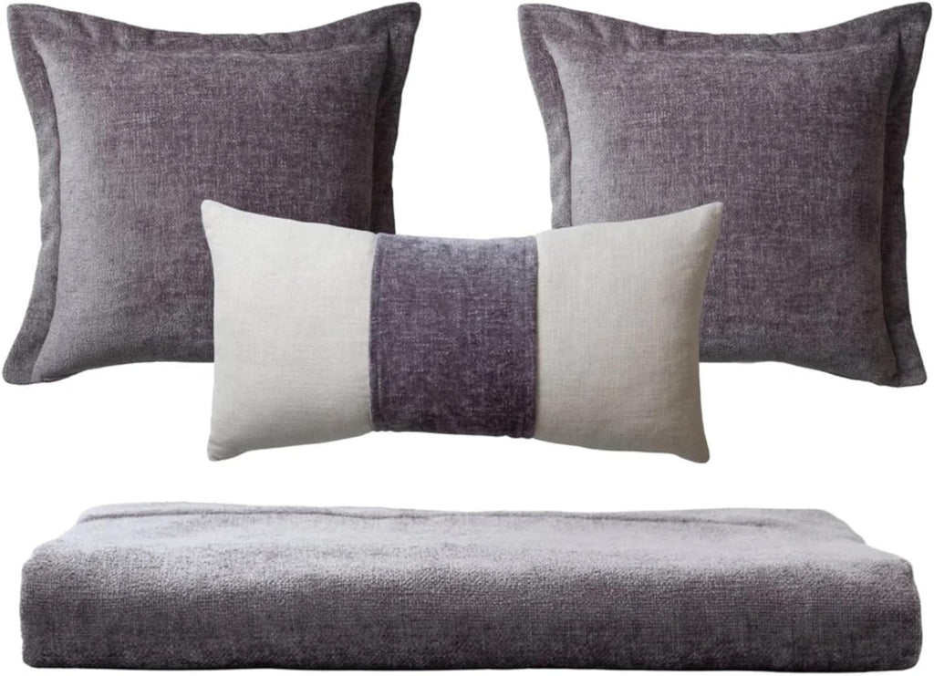 Set of 3 Throw Pillow Cover & 1 Piece Bed Runner Scarf 102x47 Inch, Premium Woven Jacquard Textured Cushion Covers for Sofa & Bed, Dark Gray