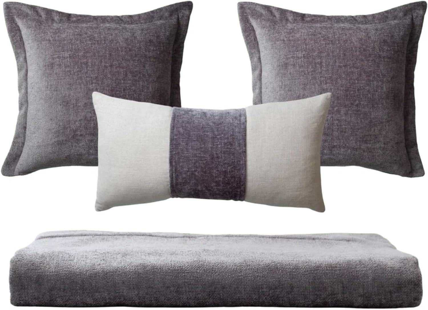 Set of 3 Throw Pillow Cover & 1 Piece Bed Runner Scarf 102x47 Inch, Premium Woven Jacquard Textured Cushion Covers for Sofa & Bed, Dark Gray