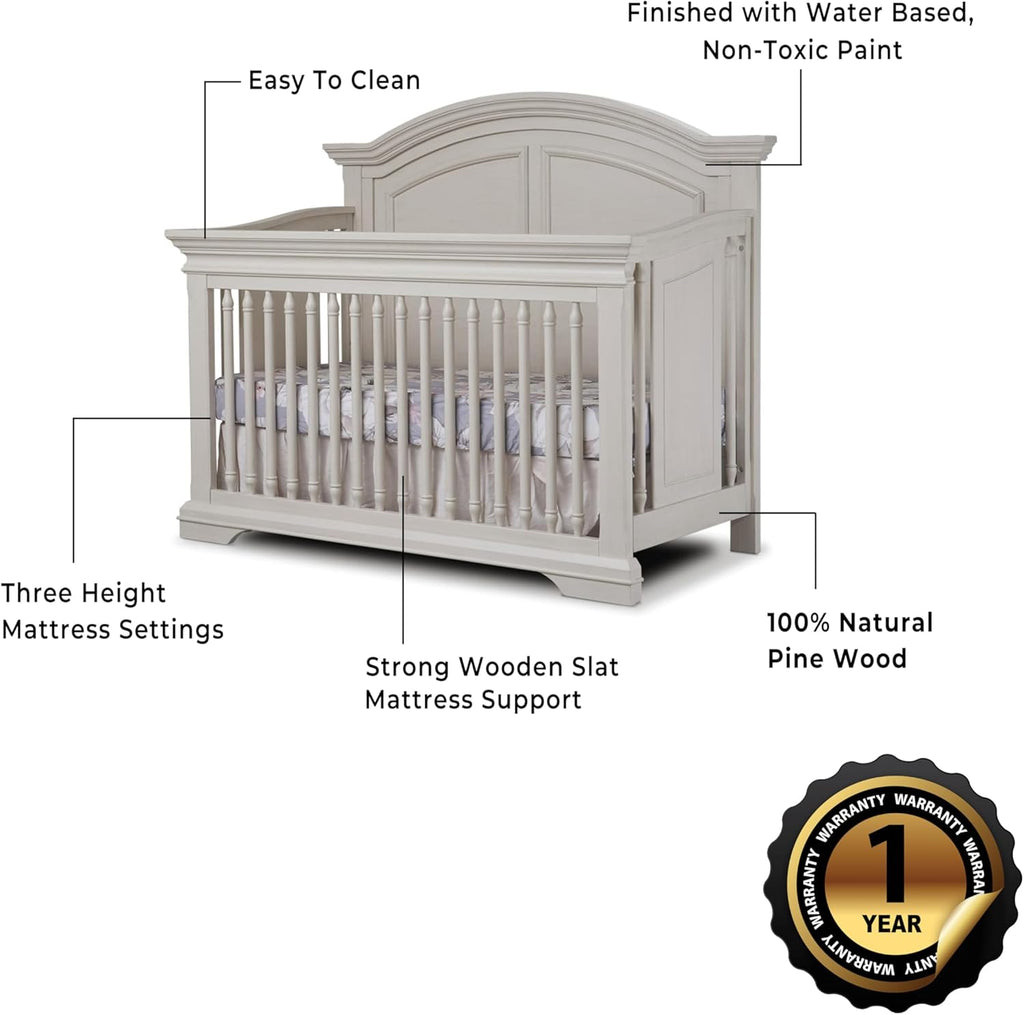 Sorelle Furniture High Arch Portofino Crib, Classic 4-in-1 Convertible Crib, Crib Made of Wood, Wooden Baby Bed, Toddler Bed, Child's Daybed and Full-Size Bed, Nursery Furniture-Brushed Ivory