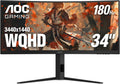 AOC CU34G4V 34" Frameless Curved Ultrawide Gaming Monitor, UWQHD 3440 x 1440 1500R, 21:9 Aspect Ratio, 180Hz 0.5ms MPRT, Display Port x 1, HDMI x 1, AMD FreeSync Premium, Height Adjustable, Black
