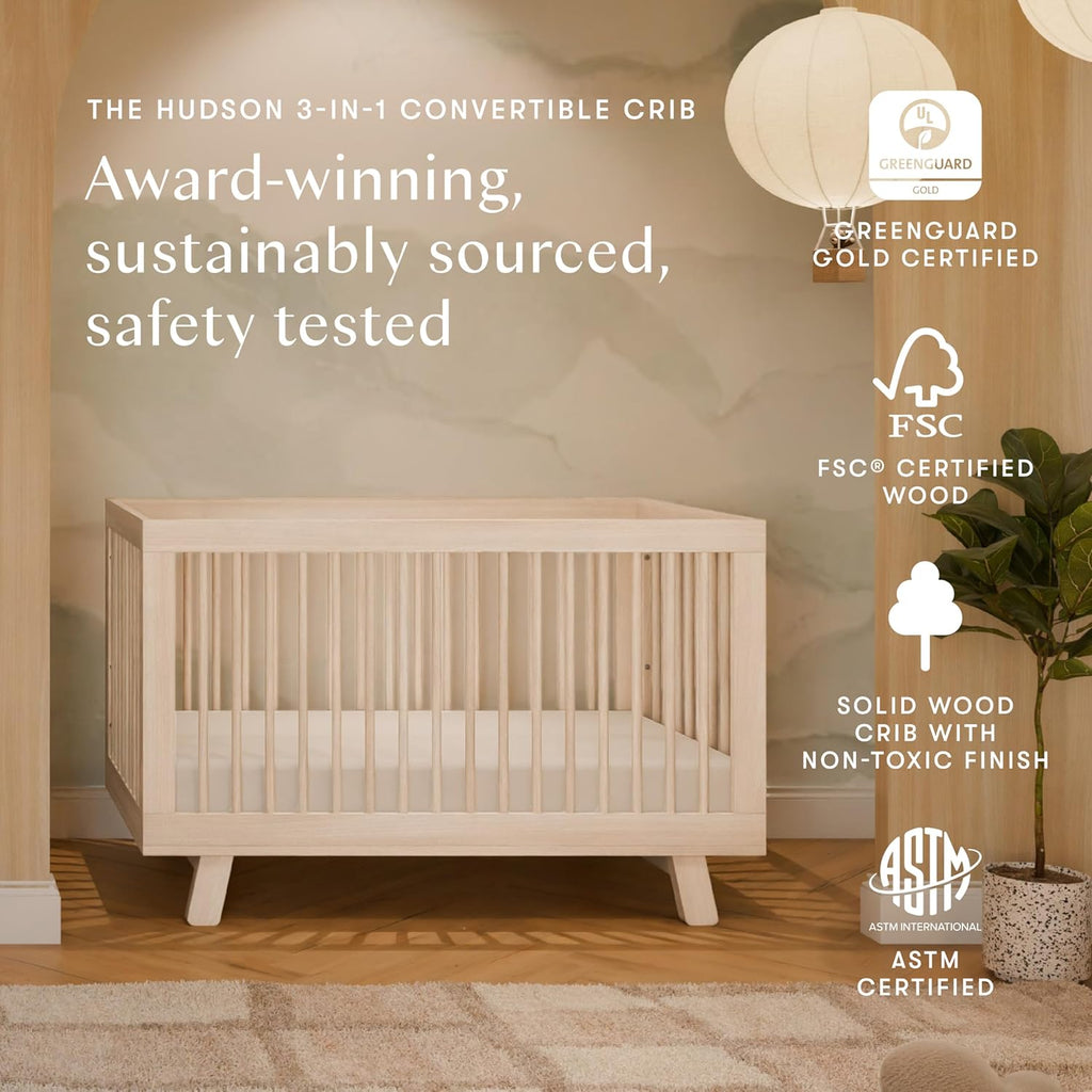Babyletto Hudson 3-in-1 Convertible Baby Crib - GREENGUARD Gold Certified - Convertible Crib to Toddler Bed and Daybed - Baby Bed with 4 Adjustable Heights - Wooden Crib - Washed Natural