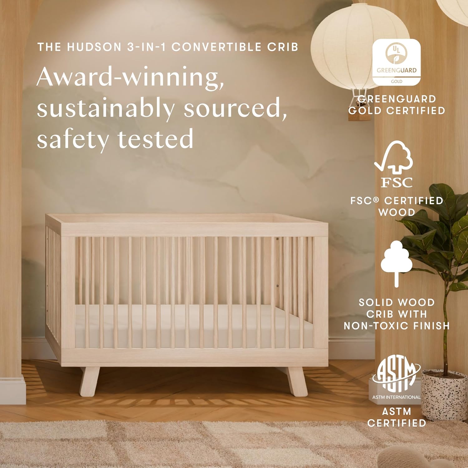 Babyletto Hudson 3-in-1 Convertible Baby Crib - GREENGUARD Gold Certified - Convertible Crib to Toddler Bed and Daybed - Baby Bed with 4 Adjustable Heights - Wooden Crib - Washed Natural