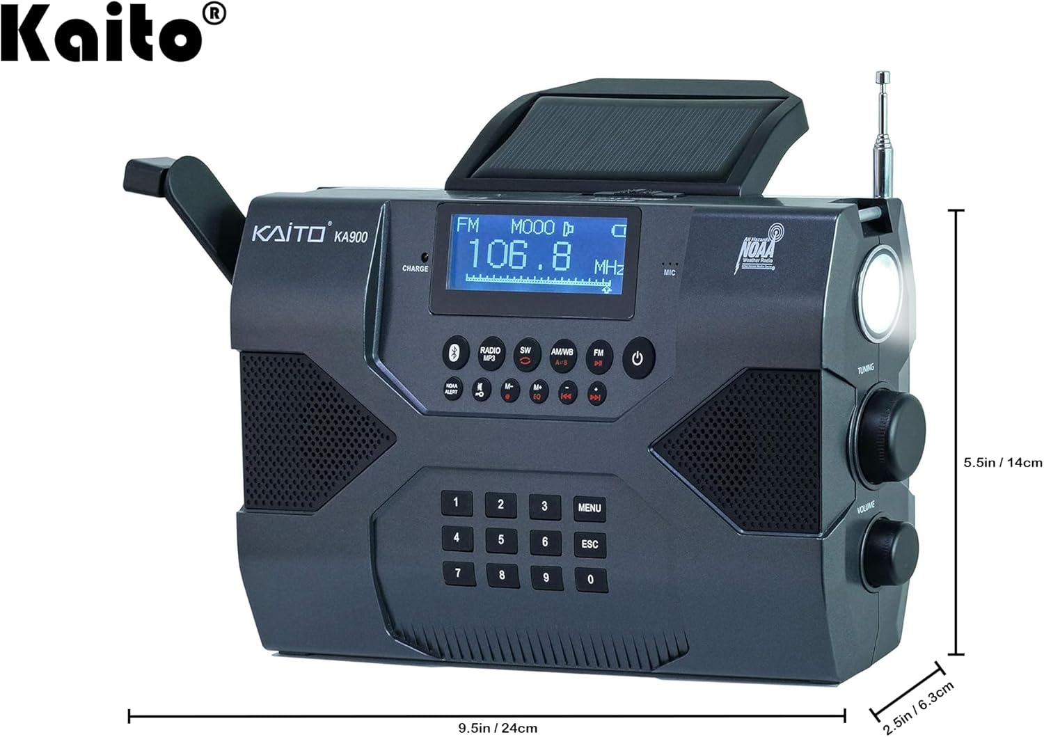 Kaito Emergency Radio Voyager Max KA900 Digital Solar Dynamo Crank Wind Up AM/FM/SW & NOAA Weather Stereo Radio Receiver with Bluetooth, Real-time Alert, MP3 Player, Recorder & Phone Charger, Black