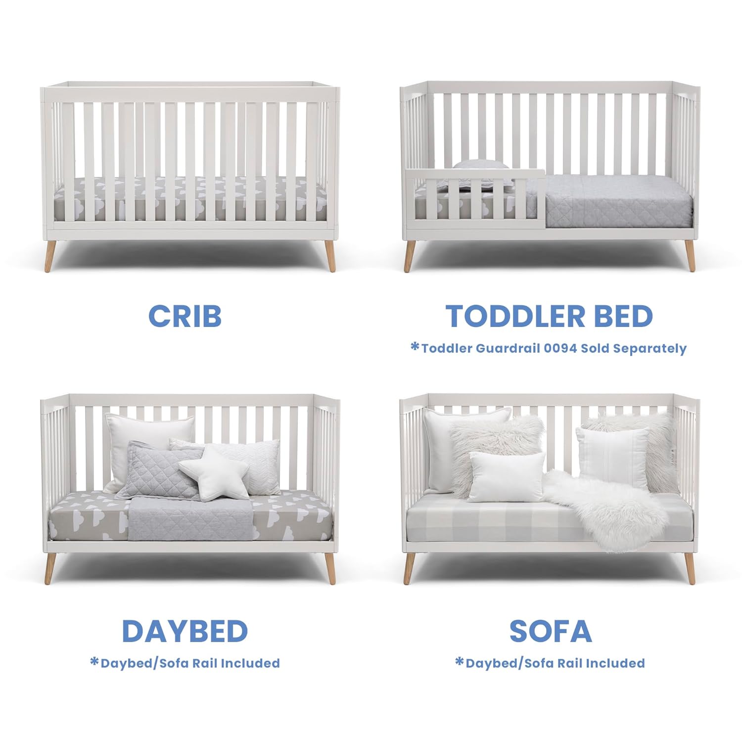 Delta Children Essex 4-in-1 Convertible Baby Crib, Bianca White with Natural Legs