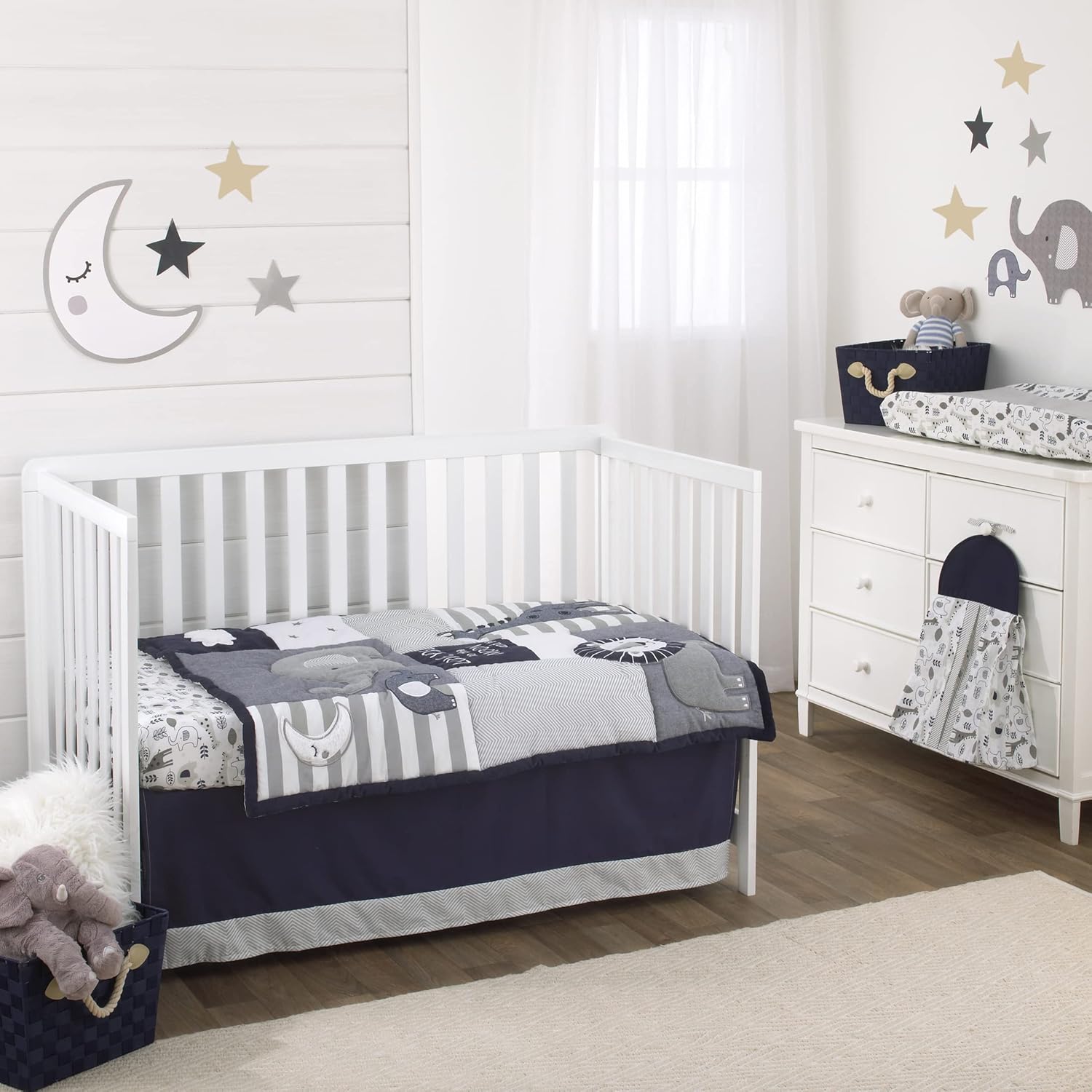 NoJo Love You to The Moon - Navy, Grey and Blue 4 Piece Nursery Crib Bedding Set with Comforter, Fitted Crib Sheet, Dust Ruffle, Diaper Stacker
