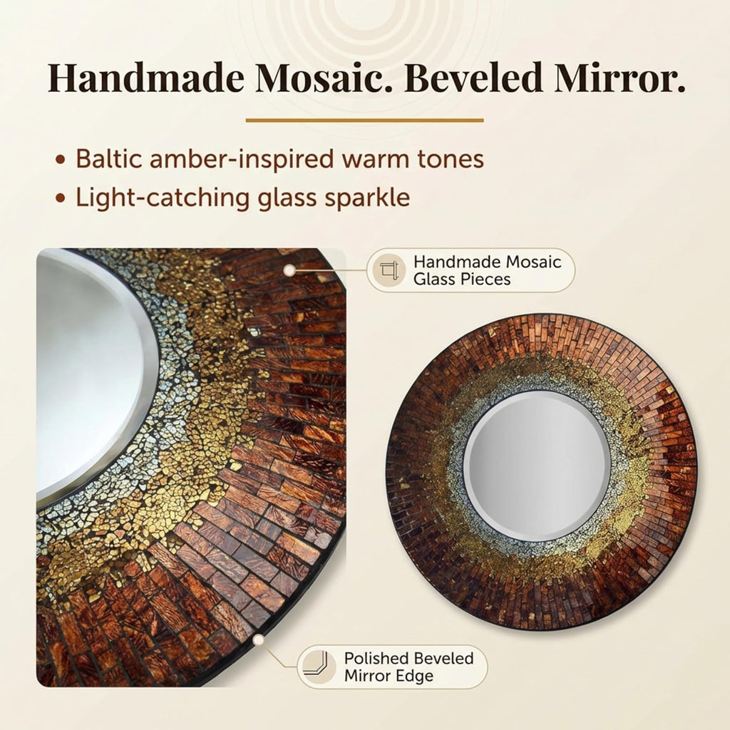 Lulu Decor, Baltic Amber Mosaic Wall Mirror, Decorative Handmade Beveled Round Mirror 23.50" (LP301)