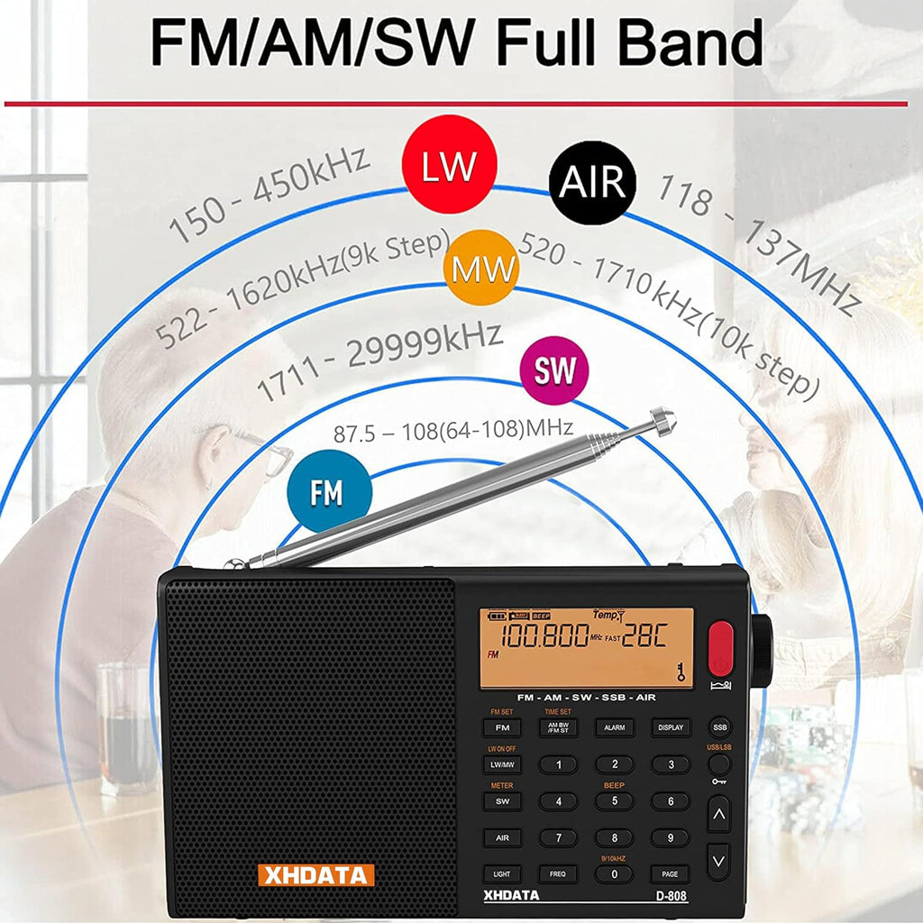 XHDATA D808 Portable AM FM SW LW Air Band Shortwave Radio SSB RDS Multi Band Digital Radio Speaker with LCD Display Alarm Clock External Antenna (Black)