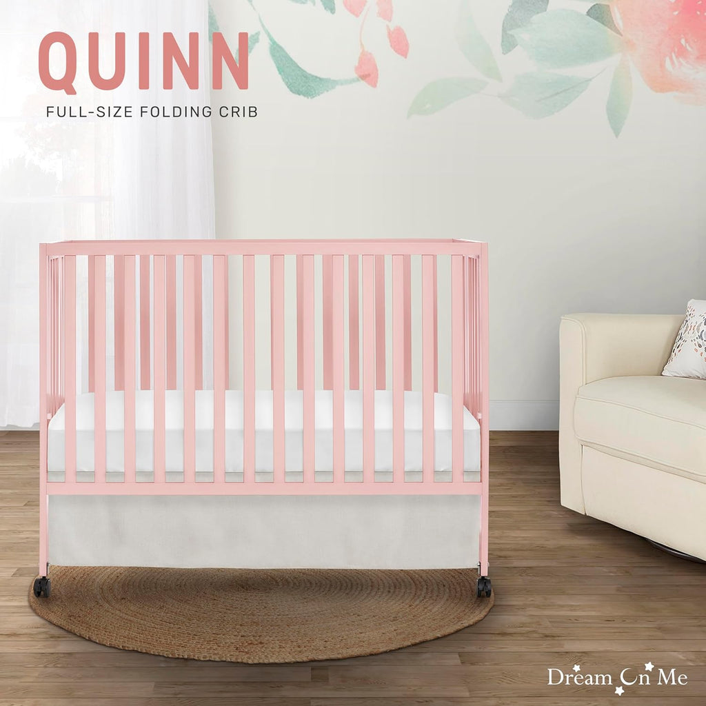 Dream On Me Quinn Full-Size Portable Baby Crib in Blush Pink, GreenGuard Gold & JPMA, Patented Quick Fold System, Adjustable Mattress Support, Smooth Wheels, Compact Design, Safe Sleep Assurance