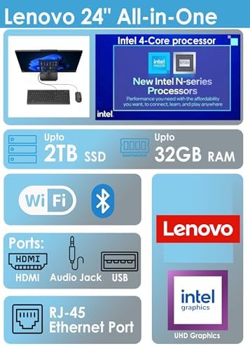 Lenovo IdeaCentre 24 23.8" All-in-One with Lifetime Office 365 for Web, 8GB DDR4 RAM, 512GB PCIe SSD, Intel N100 Processor, FHD AIO Desktop Computer, WiFi 6, Bluetooth, Jet Black, Win 11 Home