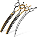 45°Curved Dog Grooming Scissors Curved Thinning Shears Curved Chunkers Dog Shears 3Pcs Combo (Black Gold)