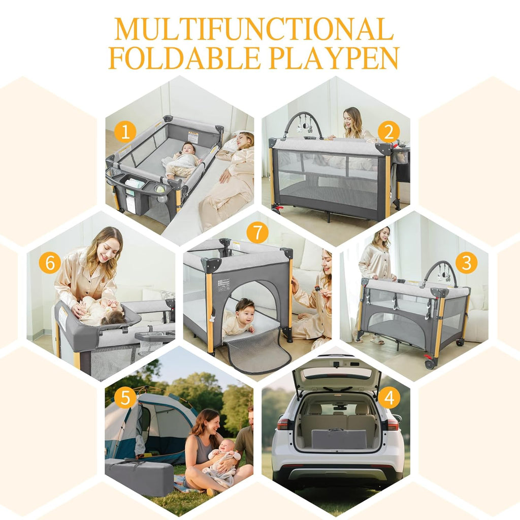Baby Bassinet Bedside Crib with One-Hand Setup 5-in-1 Foldable Pack n Play for Travel, Portable Baby Bassinet with Diaper Changer & Adjustable Mattress for Newborn to Toddler (Grey)