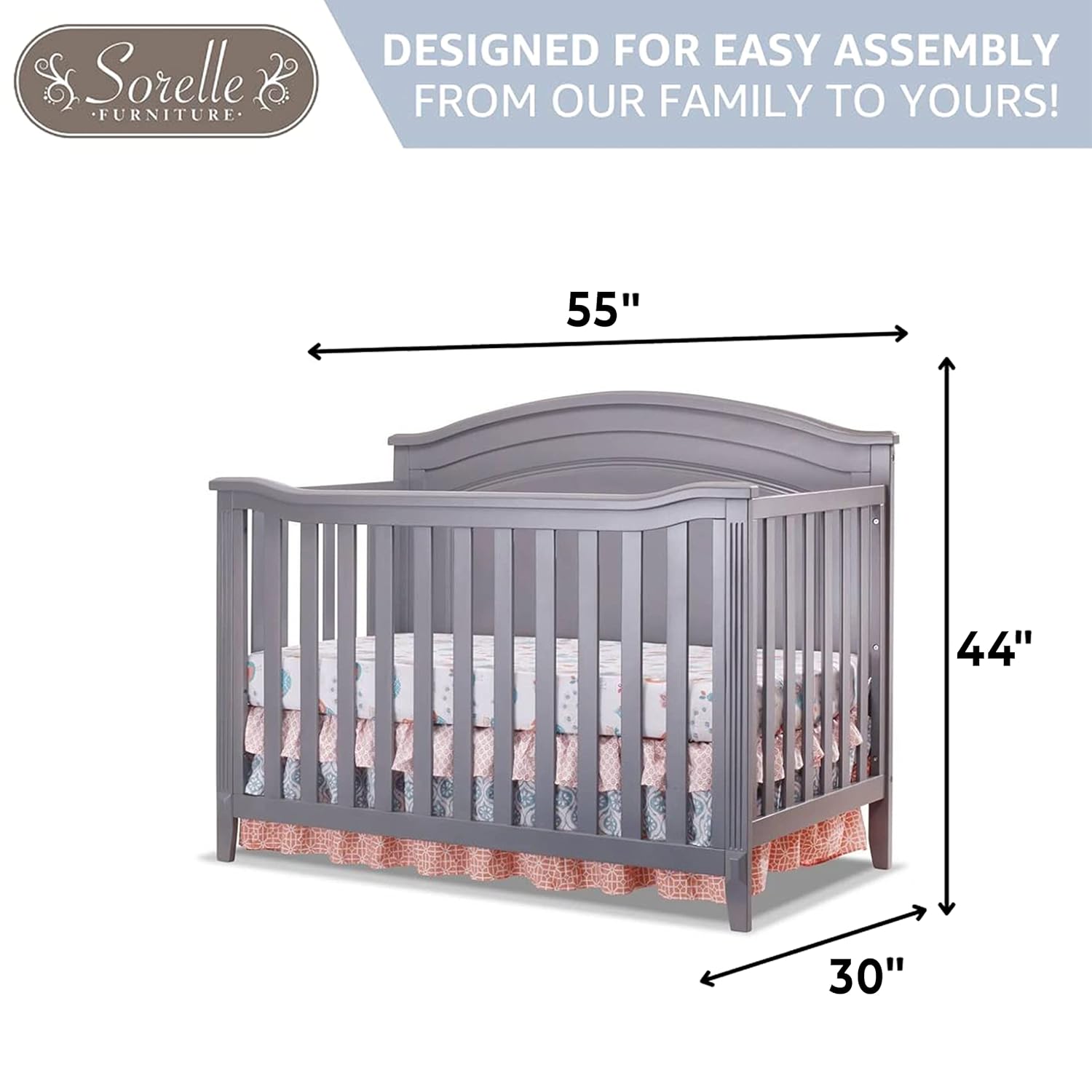 Sorelle Furniture Berkley Round Top Crib, Classic 4-in-1 Convertible Crib, Made of Wood, Non-Toxic Finish, Wooden Baby Bed, Toddler Bed, Child's Daybed and Full-Size Bed, Nursery Furniture-Gray