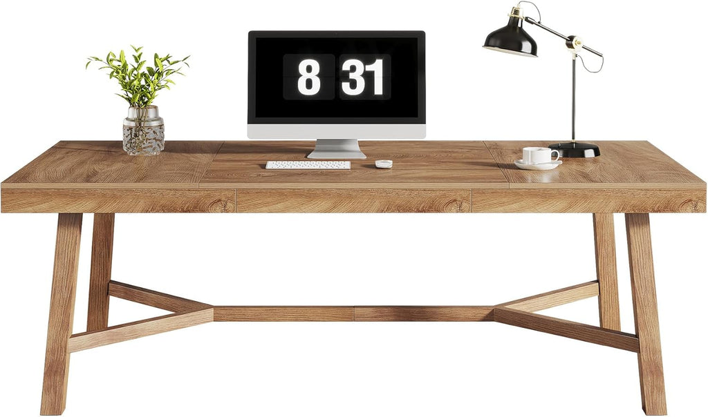 Tribesigns 71-Inch Executive Desk, Farmhouse Office Computer Desk with Sturdy Leg Structure, Rectangular Writing Table Business Furniture for Home Office, Natural